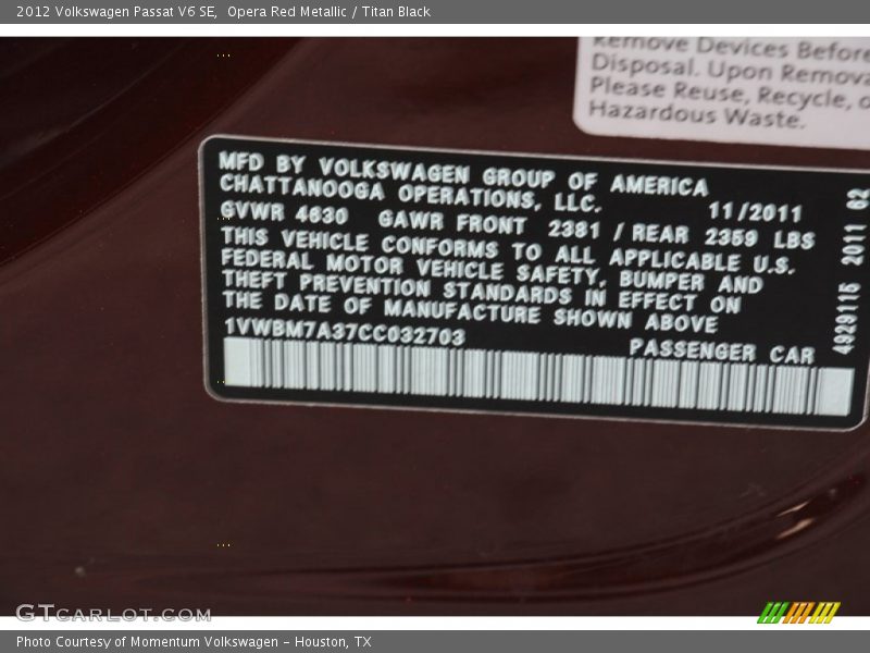 Opera Red Metallic / Titan Black 2012 Volkswagen Passat V6 SE