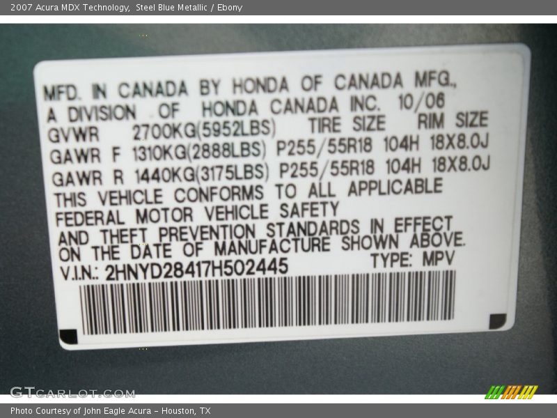 Steel Blue Metallic / Ebony 2007 Acura MDX Technology
