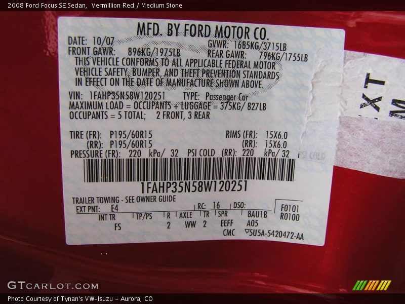 Vermillion Red / Medium Stone 2008 Ford Focus SE Sedan