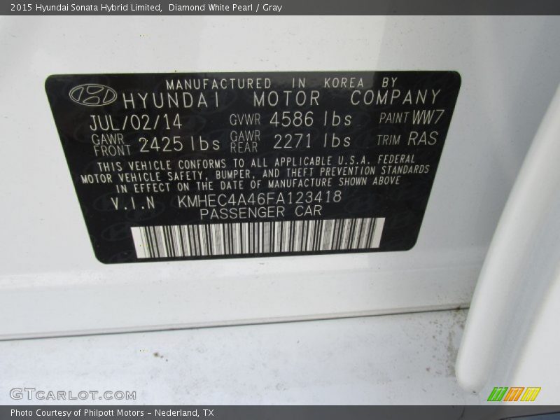 2015 Sonata Hybrid Limited Diamond White Pearl Color Code WW7