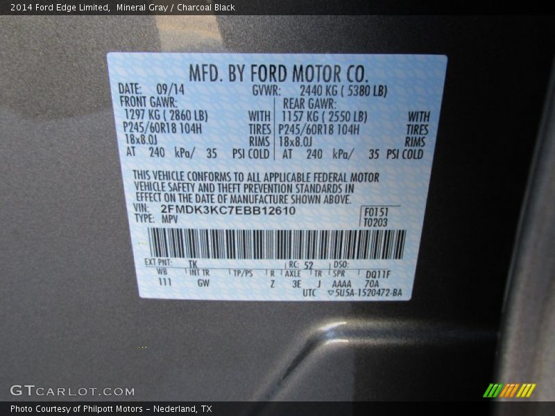 Mineral Gray / Charcoal Black 2014 Ford Edge Limited
