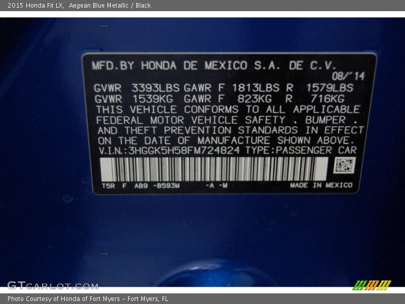 2015 Fit LX Aegean Blue Metallic Color Code B593M