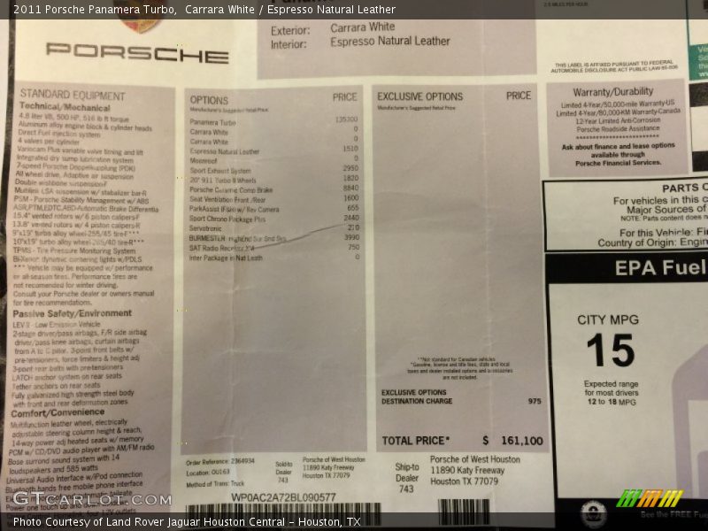  2011 Panamera Turbo Window Sticker