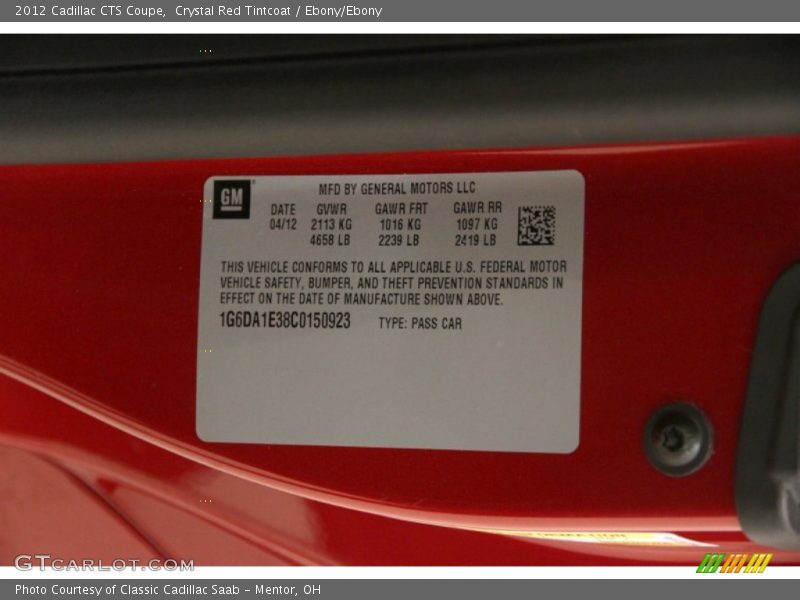Crystal Red Tintcoat / Ebony/Ebony 2012 Cadillac CTS Coupe