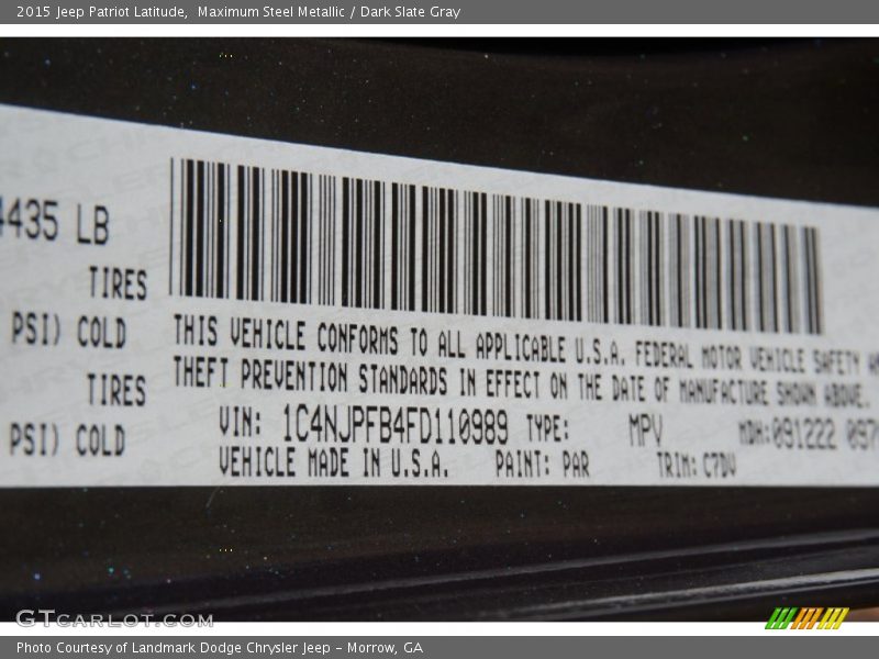 2015 Patriot Latitude Maximum Steel Metallic Color Code PAR