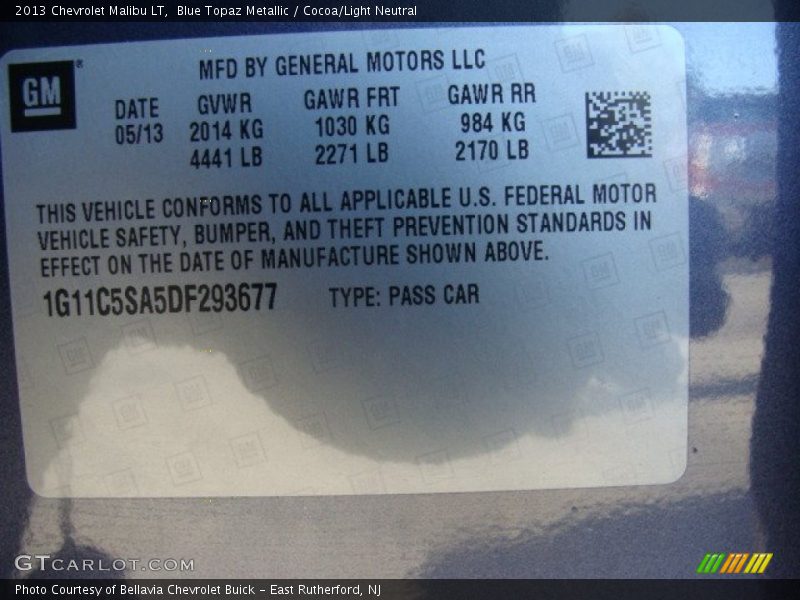 Blue Topaz Metallic / Cocoa/Light Neutral 2013 Chevrolet Malibu LT