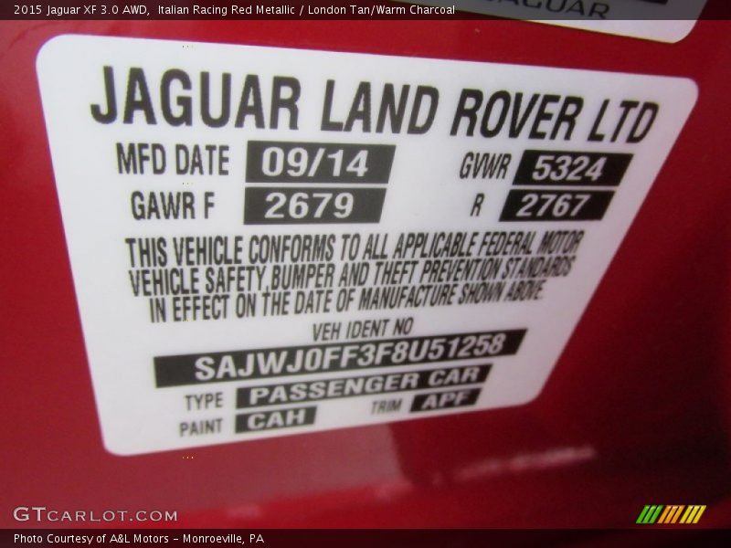 2015 XF 3.0 AWD Italian Racing Red Metallic Color Code CAH