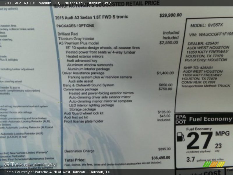  2015 A3 1.8 Premium Plus Window Sticker