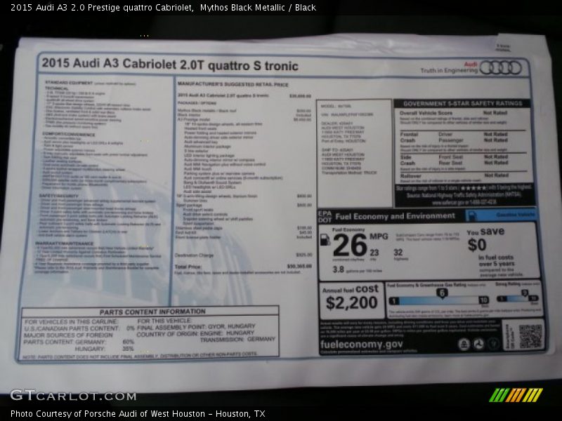  2015 A3 2.0 Prestige quattro Cabriolet Window Sticker