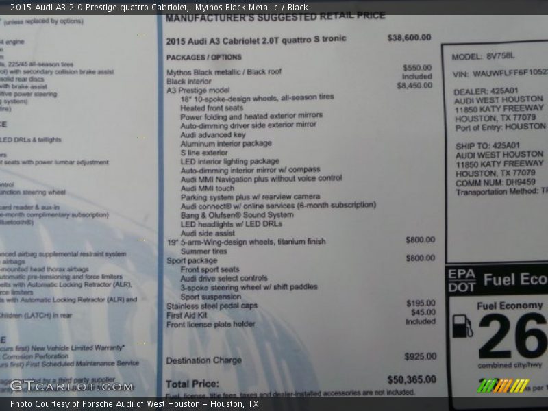  2015 A3 2.0 Prestige quattro Cabriolet Window Sticker