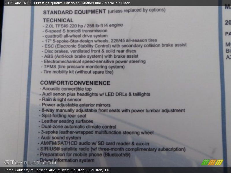  2015 A3 2.0 Prestige quattro Cabriolet Window Sticker