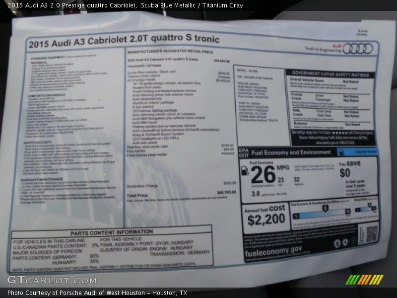 Scuba Blue Metallic / Titanium Gray 2015 Audi A3 2.0 Prestige quattro Cabriolet