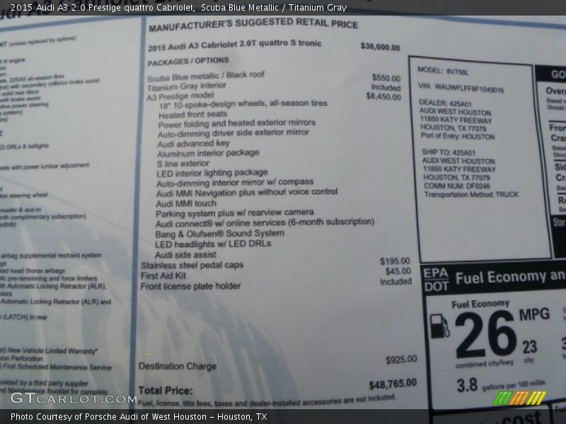 Scuba Blue Metallic / Titanium Gray 2015 Audi A3 2.0 Prestige quattro Cabriolet