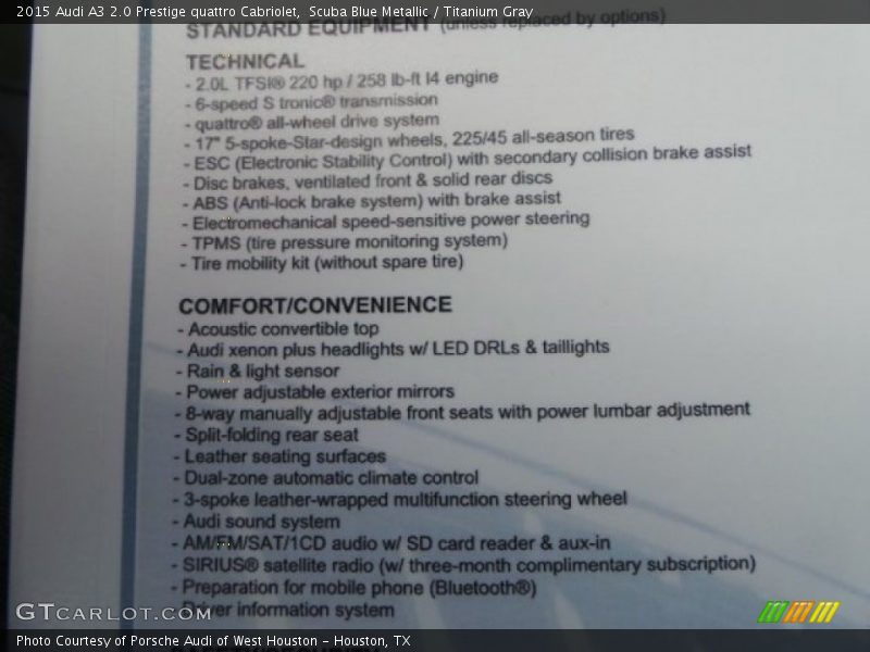 Scuba Blue Metallic / Titanium Gray 2015 Audi A3 2.0 Prestige quattro Cabriolet