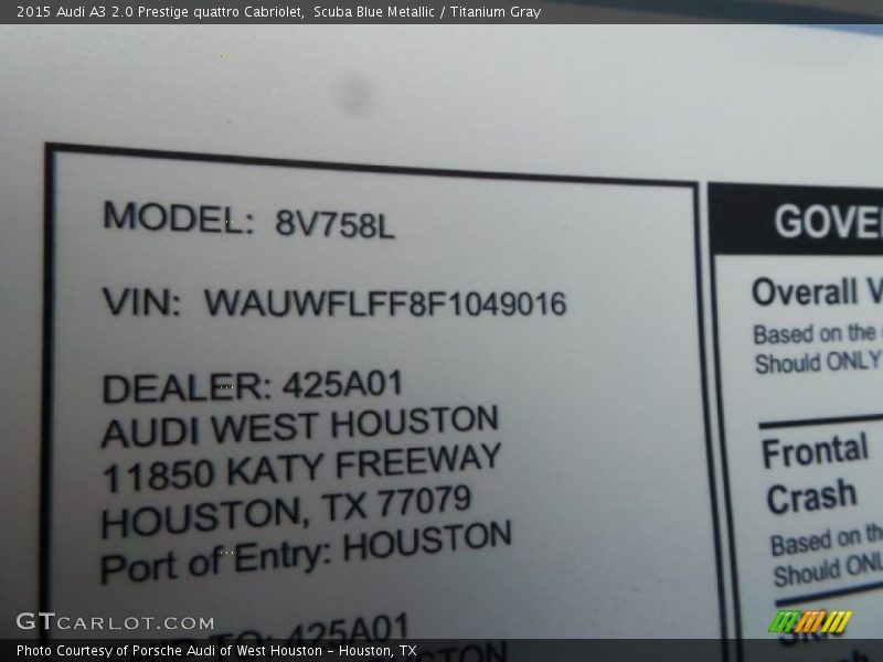 Scuba Blue Metallic / Titanium Gray 2015 Audi A3 2.0 Prestige quattro Cabriolet