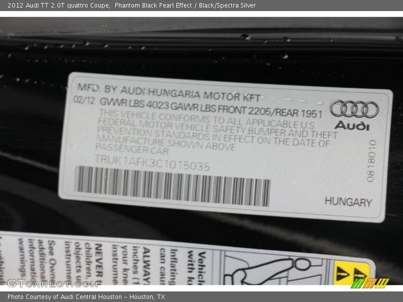 Phantom Black Pearl Effect / Black/Spectra Silver 2012 Audi TT 2.0T quattro Coupe