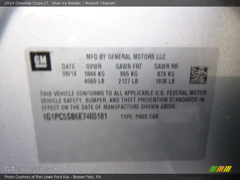 Silver Ice Metallic / Medium Titanium 2014 Chevrolet Cruze LT