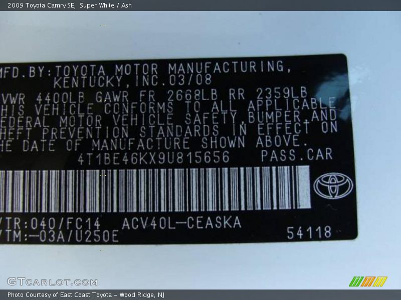 Super White / Ash 2009 Toyota Camry SE