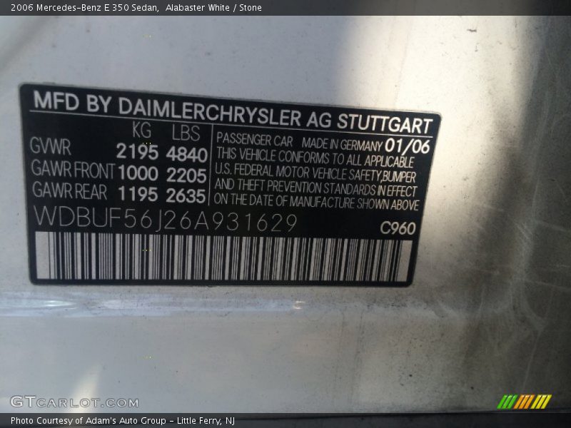 Alabaster White / Stone 2006 Mercedes-Benz E 350 Sedan