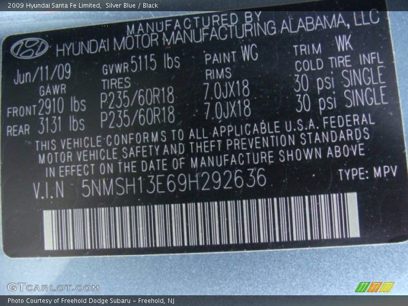 Silver Blue / Black 2009 Hyundai Santa Fe Limited