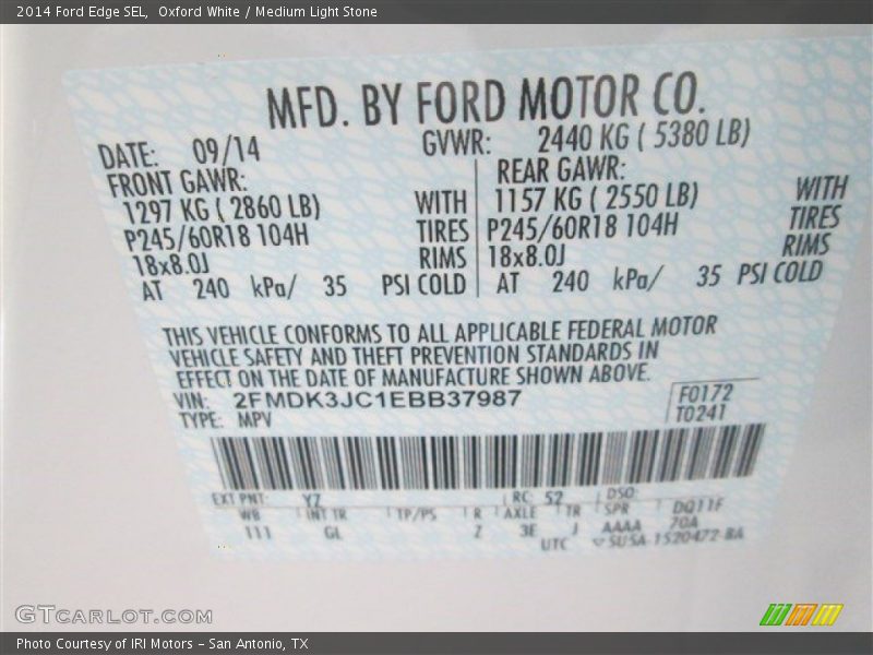 Oxford White / Medium Light Stone 2014 Ford Edge SEL