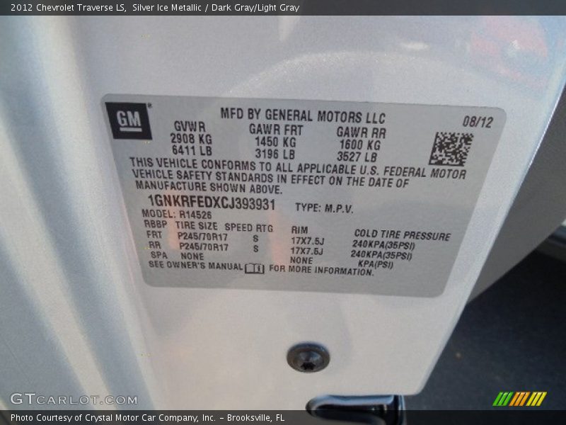 Silver Ice Metallic / Dark Gray/Light Gray 2012 Chevrolet Traverse LS