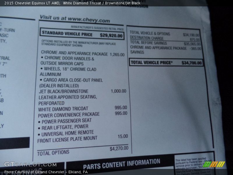 White Diamond Tricoat / Brownstone/Jet Black 2015 Chevrolet Equinox LT AWD