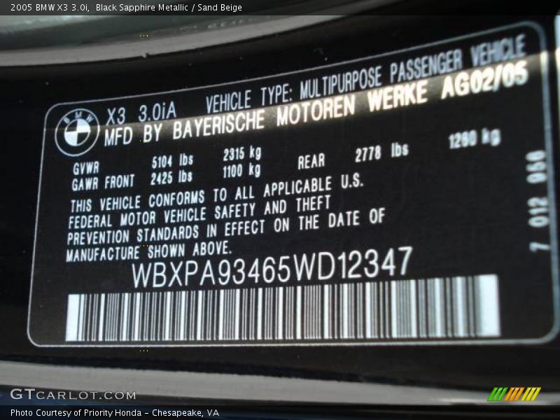 Black Sapphire Metallic / Sand Beige 2005 BMW X3 3.0i