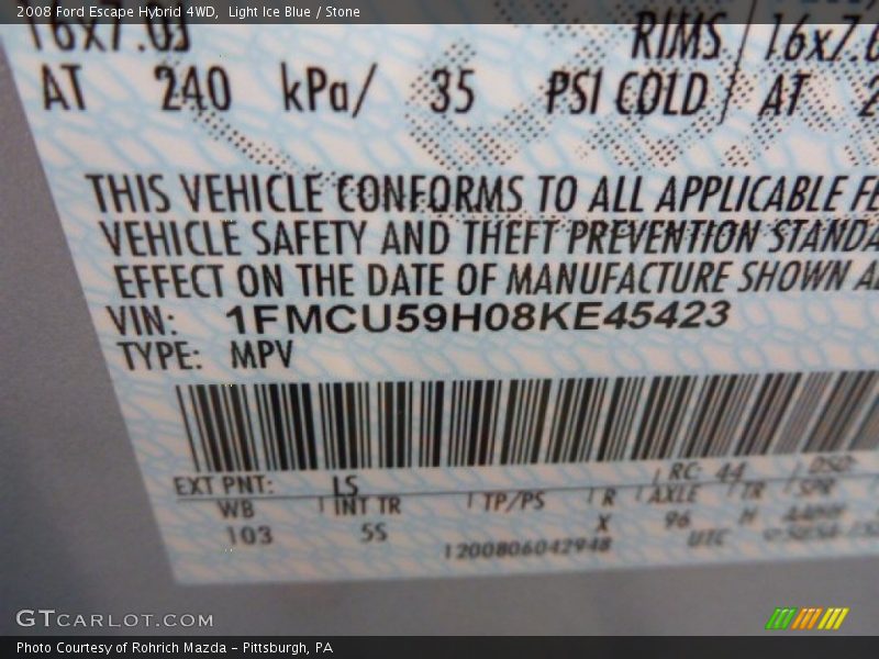 Light Ice Blue / Stone 2008 Ford Escape Hybrid 4WD