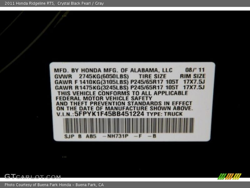 Crystal Black Pearl / Gray 2011 Honda Ridgeline RTS