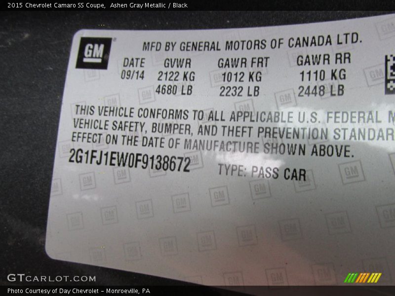 Ashen Gray Metallic / Black 2015 Chevrolet Camaro SS Coupe