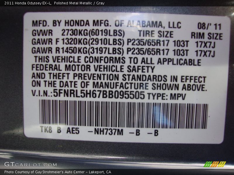 Polished Metal Metallic / Gray 2011 Honda Odyssey EX-L