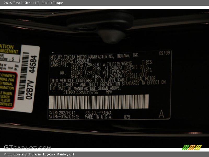 Black / Taupe 2010 Toyota Sienna LE