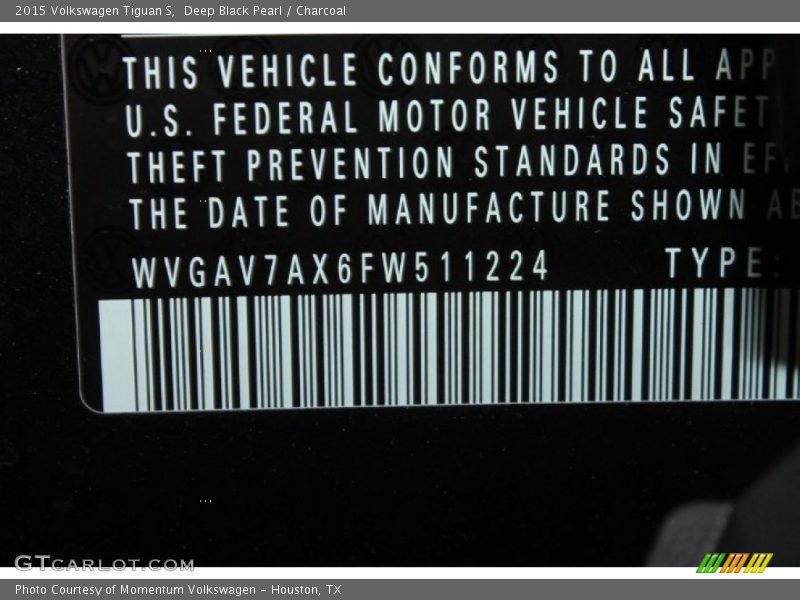 Deep Black Pearl / Charcoal 2015 Volkswagen Tiguan S