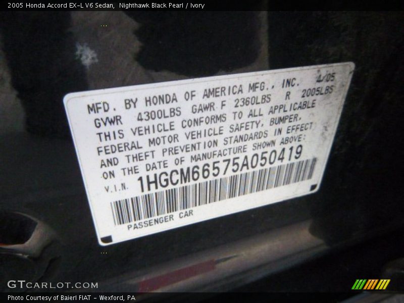 Nighthawk Black Pearl / Ivory 2005 Honda Accord EX-L V6 Sedan