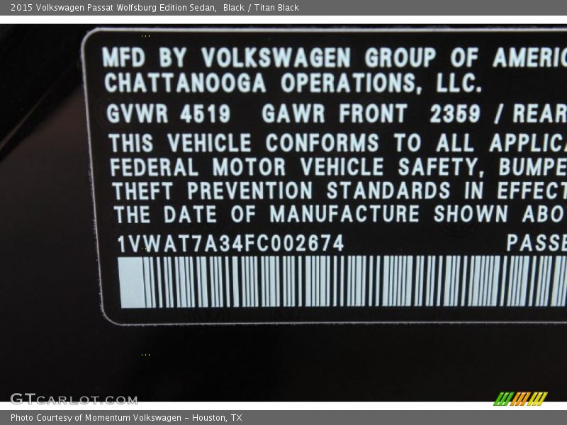 Black / Titan Black 2015 Volkswagen Passat Wolfsburg Edition Sedan