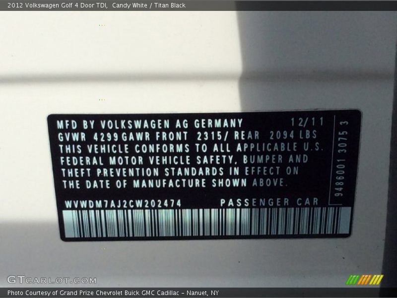 Candy White / Titan Black 2012 Volkswagen Golf 4 Door TDI