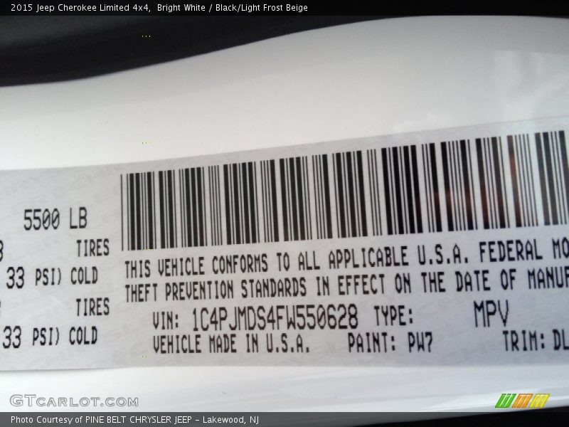2015 Cherokee Limited 4x4 Bright White Color Code PW7