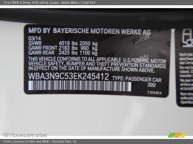 2014 4 Series 428i xDrive Coupe Alpine White Color Code 300