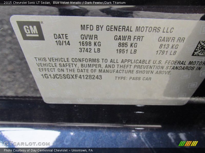 Blue Velvet Metallic / Dark Pewter/Dark Titanium 2015 Chevrolet Sonic LT Sedan