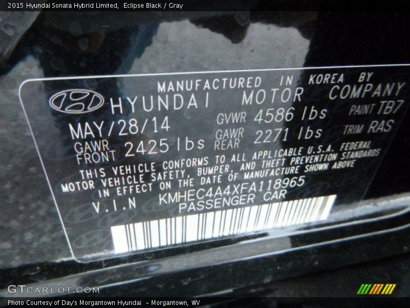 Eclipse Black / Gray 2015 Hyundai Sonata Hybrid Limited