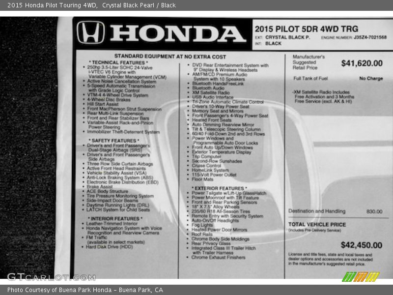 Crystal Black Pearl / Black 2015 Honda Pilot Touring 4WD