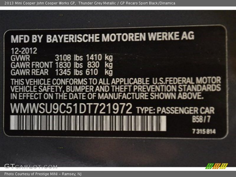2013 Cooper John Cooper Works GP Thunder Grey Metallic Color Code B58