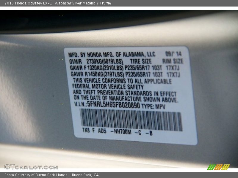 Alabaster Silver Metallic / Truffle 2015 Honda Odyssey EX-L