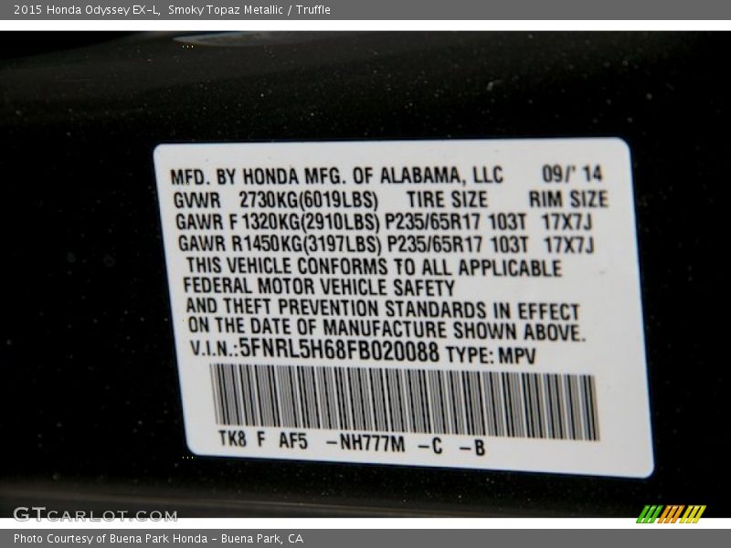 Smoky Topaz Metallic / Truffle 2015 Honda Odyssey EX-L