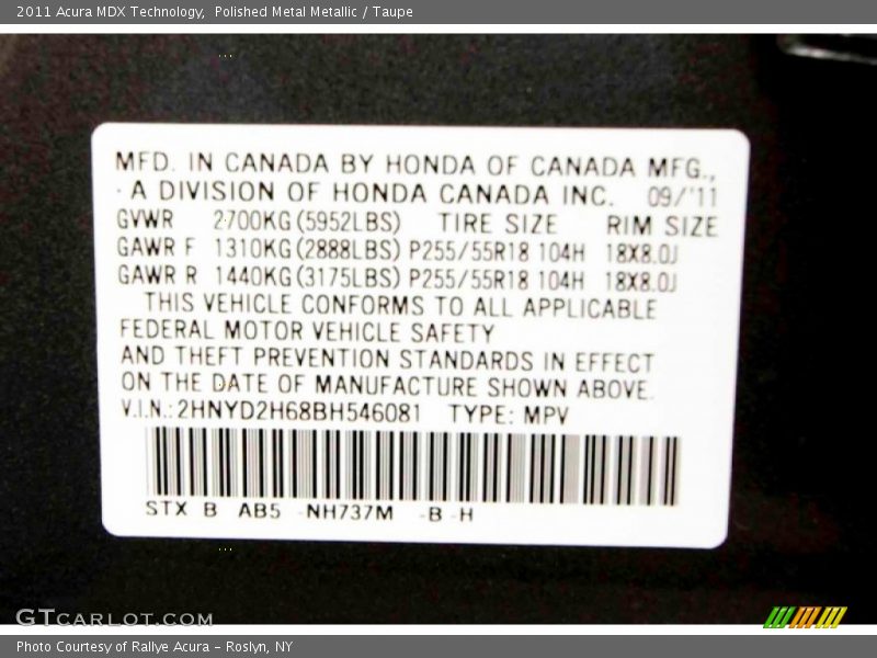 Polished Metal Metallic / Taupe 2011 Acura MDX Technology