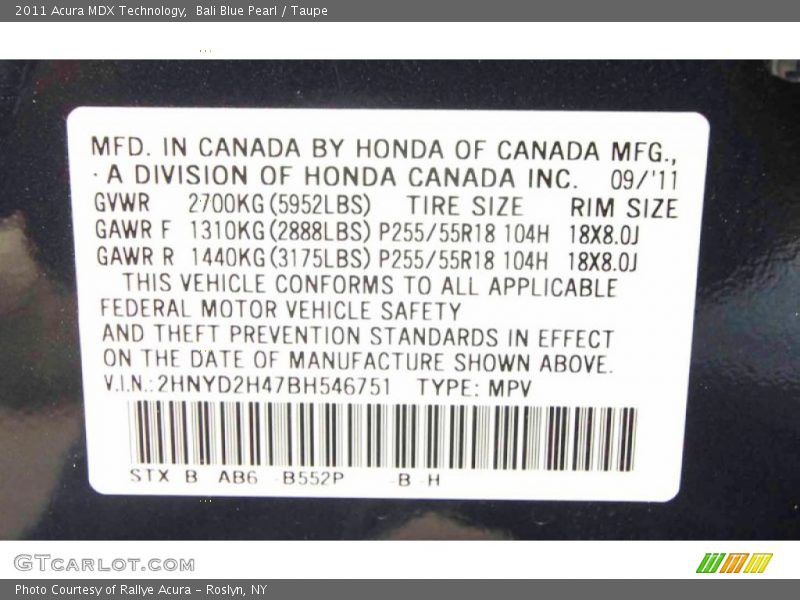 Bali Blue Pearl / Taupe 2011 Acura MDX Technology