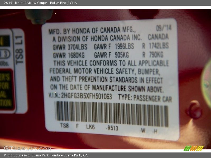 Rallye Red / Gray 2015 Honda Civic LX Coupe