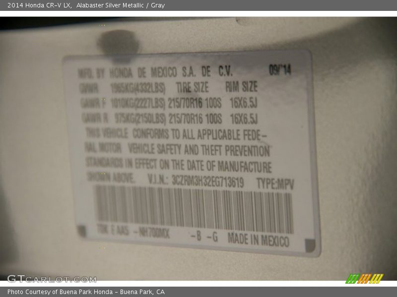 Alabaster Silver Metallic / Gray 2014 Honda CR-V LX