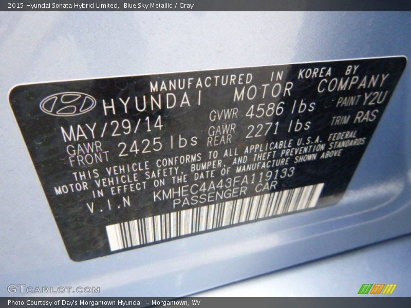 2015 Sonata Hybrid Limited Blue Sky Metallic Color Code Y2U